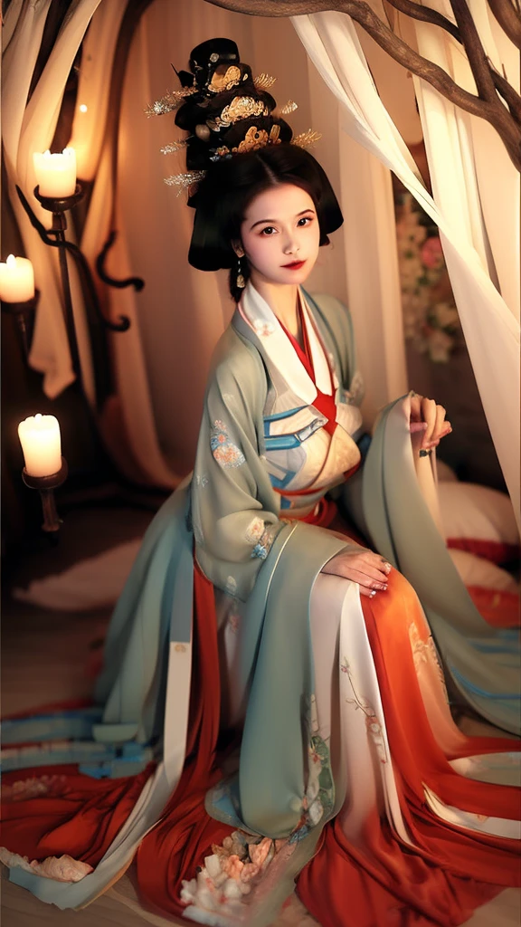 ((top-quality,​masterpiece:1.2,8K,Raw photography,portlate,Reality Photography,Beautiful bright dimming)),(((Bewitching beautiful adult woman,1girl in,22year old))),Smooth and perfect body,(((Spring Festival and China Street and ancient scenes,han Makeup,red hanfu,xiaolu))),((((hanfu)))),((long and beautiful legs,Female Secretary)),A slight smil,Gentle eyes like a puppy,Beautiful and clear eyes,(nighttime scene,Luxury hotel beds:1.2),big eye,Perfect limbs,(Full Body),(cute face:1.15),(huge breasts:1.2)high-heels,big hips, medium thighs