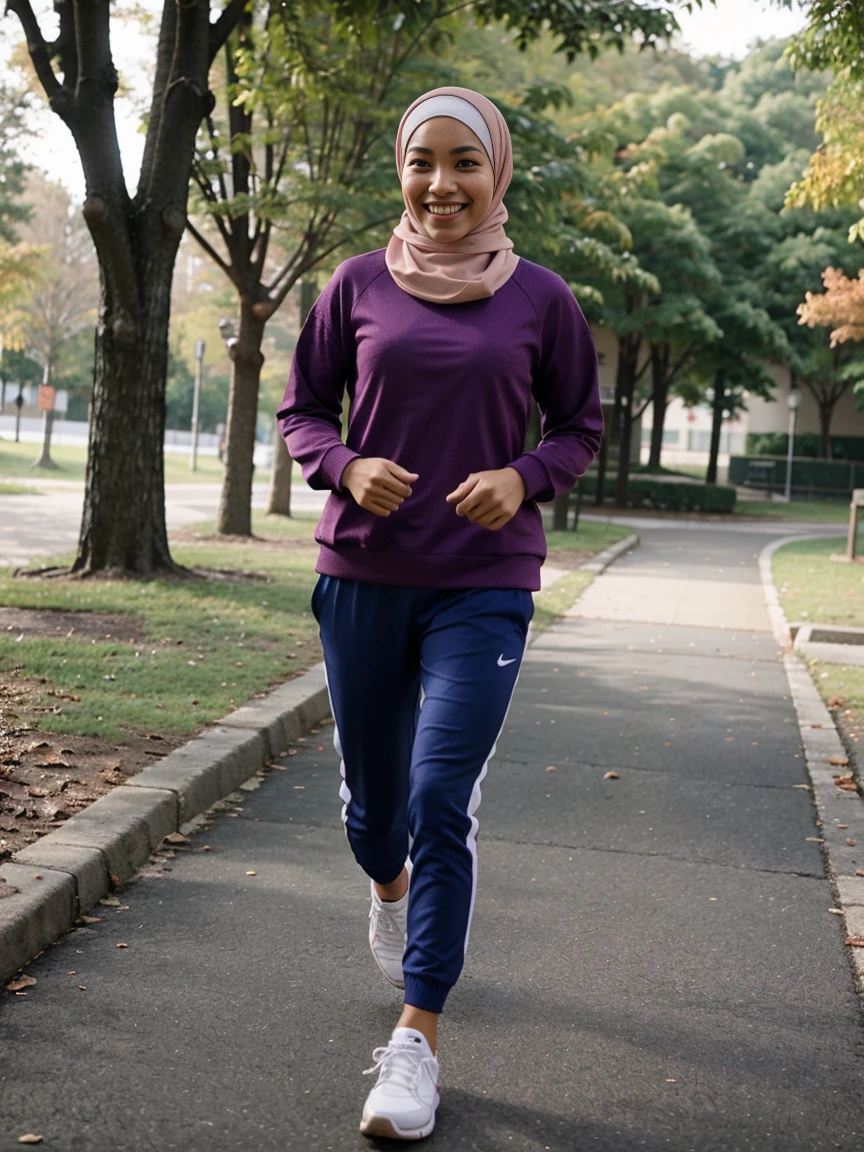 a Malay girl running, smiling, full body shot, hijab, sweater, jogger pants, running shoes, at a park