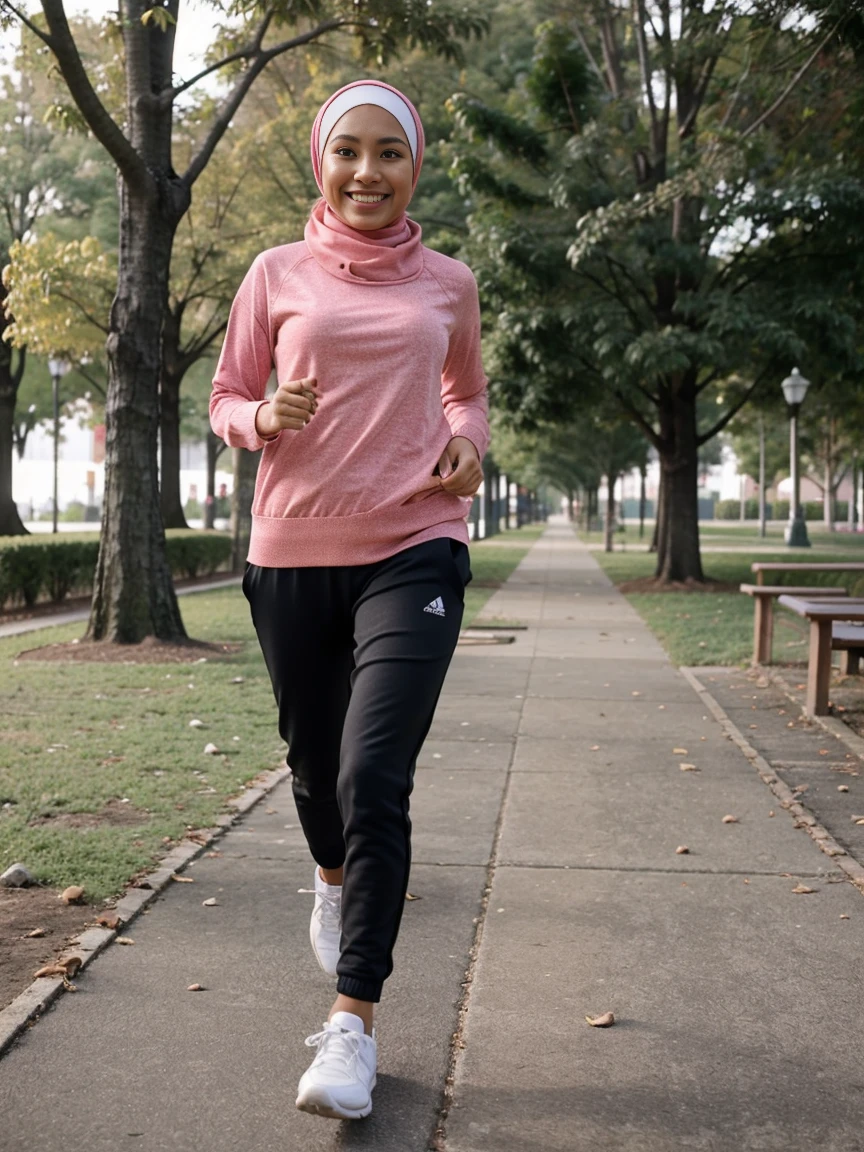 a Malay girl running, smiling, full body shot, hijab, sweater, jogger pants, running shoes, at a park