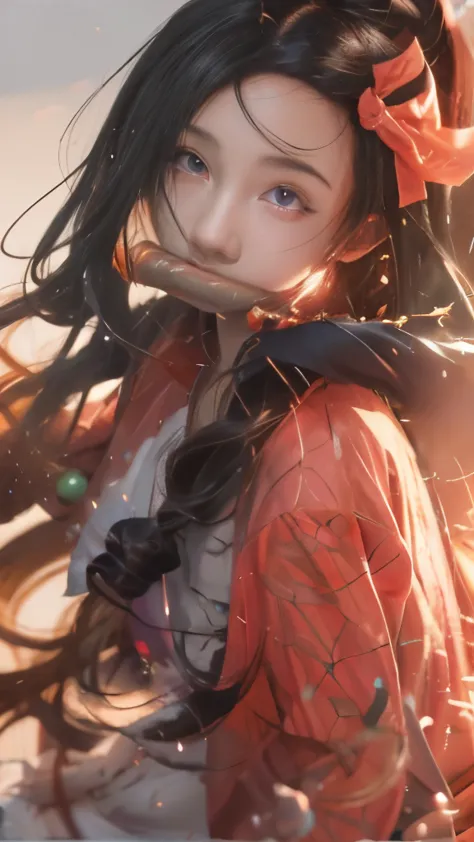 anime girl with long hair and a red bow holding a knife, clean detailed anime art, nezuko, nezuko-chan, detailed anime artwork, ...