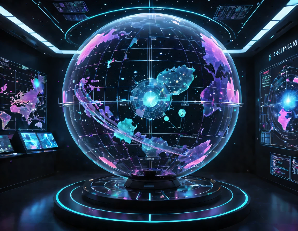 high tech会议大厅中间有未来派transparent空灵天文图，3D astronomical map，Holographic projection astronomical map，Map of cosmic galaxies，spherical，transparent，cyberpunk，X-ray，fluorescence，neon lights，high tech，command hall，Control lobby