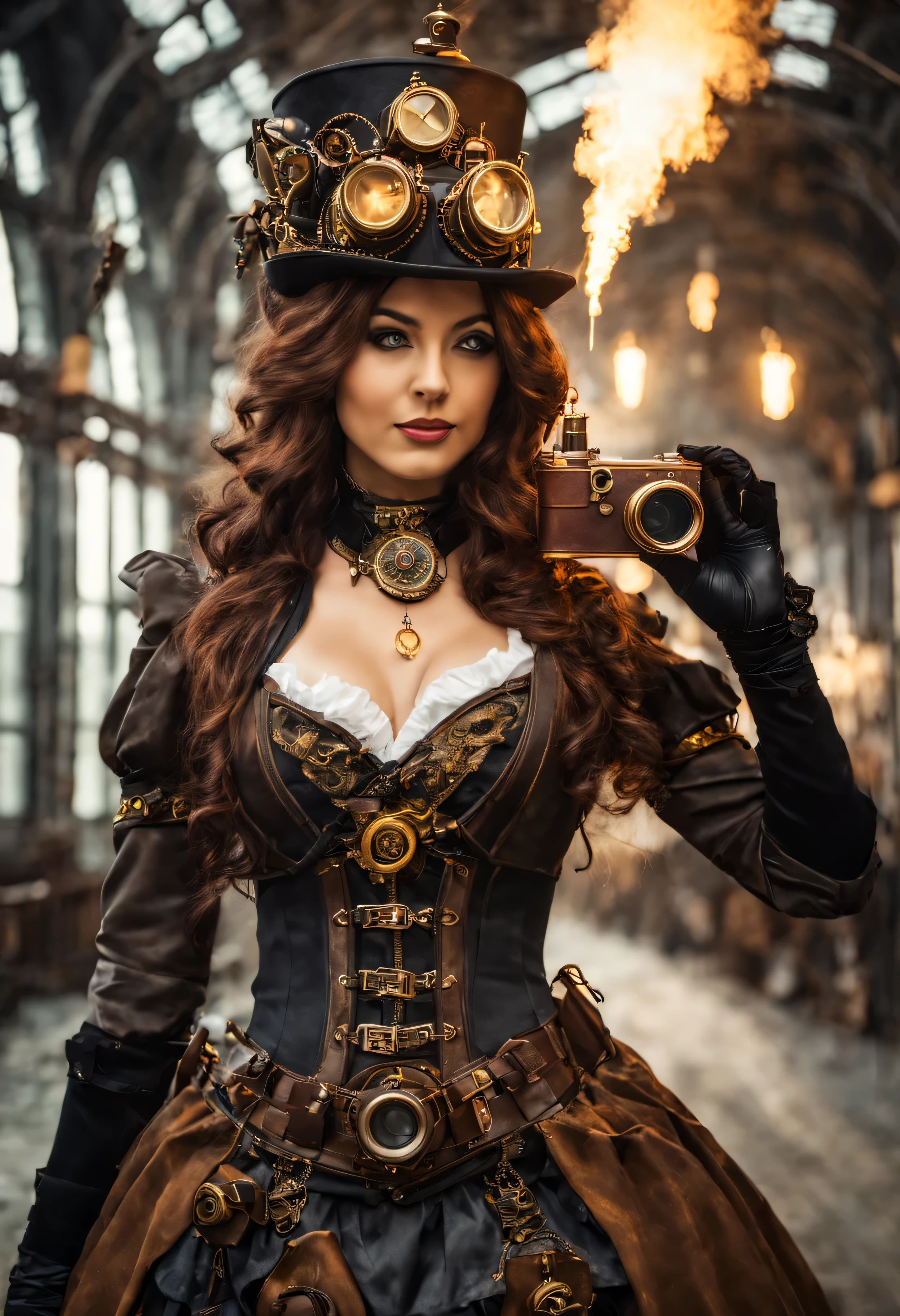 Mujer con disfraz steampunk tomando una foto, vistiendo ropa steampunk, fantasía steampunk style, (steampunk), una hermosa diosa steampunk, Mujer hermosa steampunk, steampunk Girl, steampunk style, fantasía steampunk, steampunk, Chica inventora de steampunk, steampunk dorado, steampunc, steampunc, ambientado en un mundo steampunk, Concepto vívido steampunk