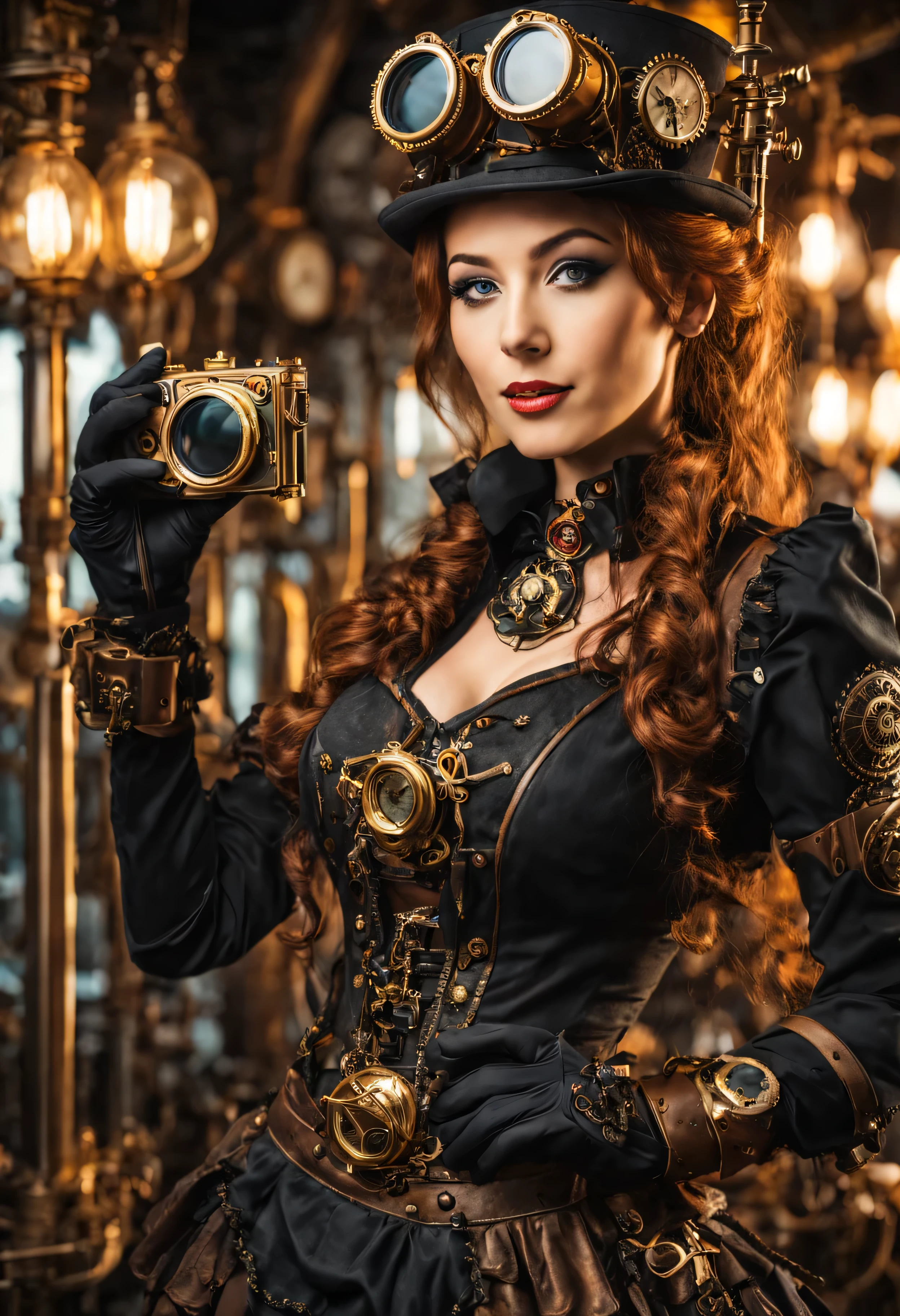 Mujer con disfraz steampunk tomando una foto, vistiendo ropa steampunk, fantasía steampunk style, (steampunk), una hermosa diosa steampunk, Mujer hermosa steampunk, steampunk Girl, steampunk style, fantasía steampunk, steampunk, Chica inventora de steampunk, steampunk dorado, steampunc, steampunc, ambientado en un mundo steampunk, Concepto vívido steampunk