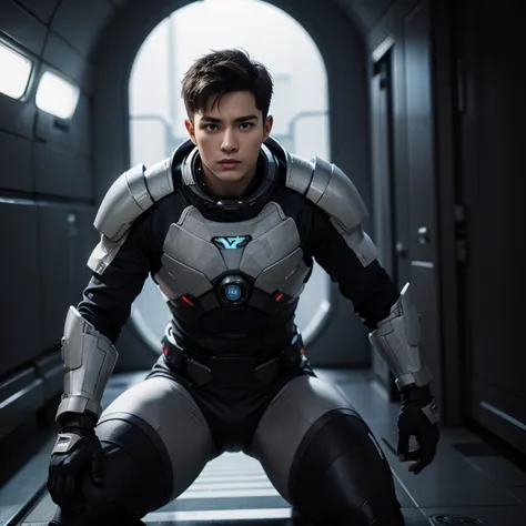 fking_scifi, black pilot suit with red accents, brown hair (gray eyes: 1.35), Thai guy, handsome teenager, rides man 1 more, bok...