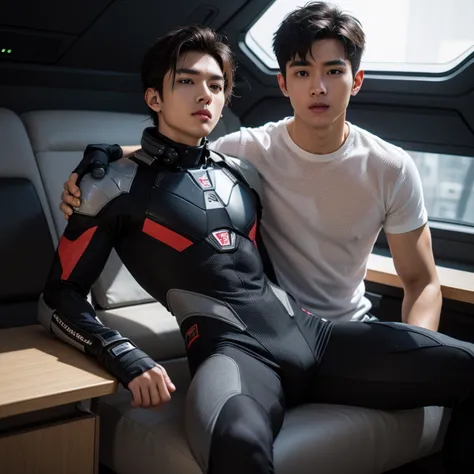 fking_scifi, black pilot suit with red accents, brown hair (gray eyes: 1.35), Thai guy, handsome teenager, rides man 1 more, bok...