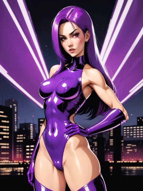 (((COMIC STYLE, CARTOON ART))). A comic-style image of Psylocke, with her as the central figure. She is standing, ((with her hands holding two katanas)). She wears a purple and pink costume, with a purple and pink mask. She has long, straight purple hair, ...