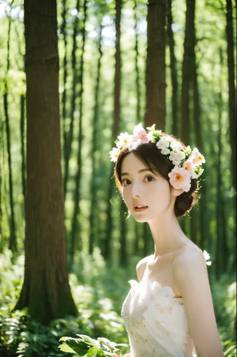(realistic), (hyperrealism),best quality, masterpiece,ultra high res, (photorealistic:1.4),1girl,pale skin,skinny,(looking at viewer:2), forest, flowers, sunlight,
(tattered) wedding dress , bare shoulders, upper body,