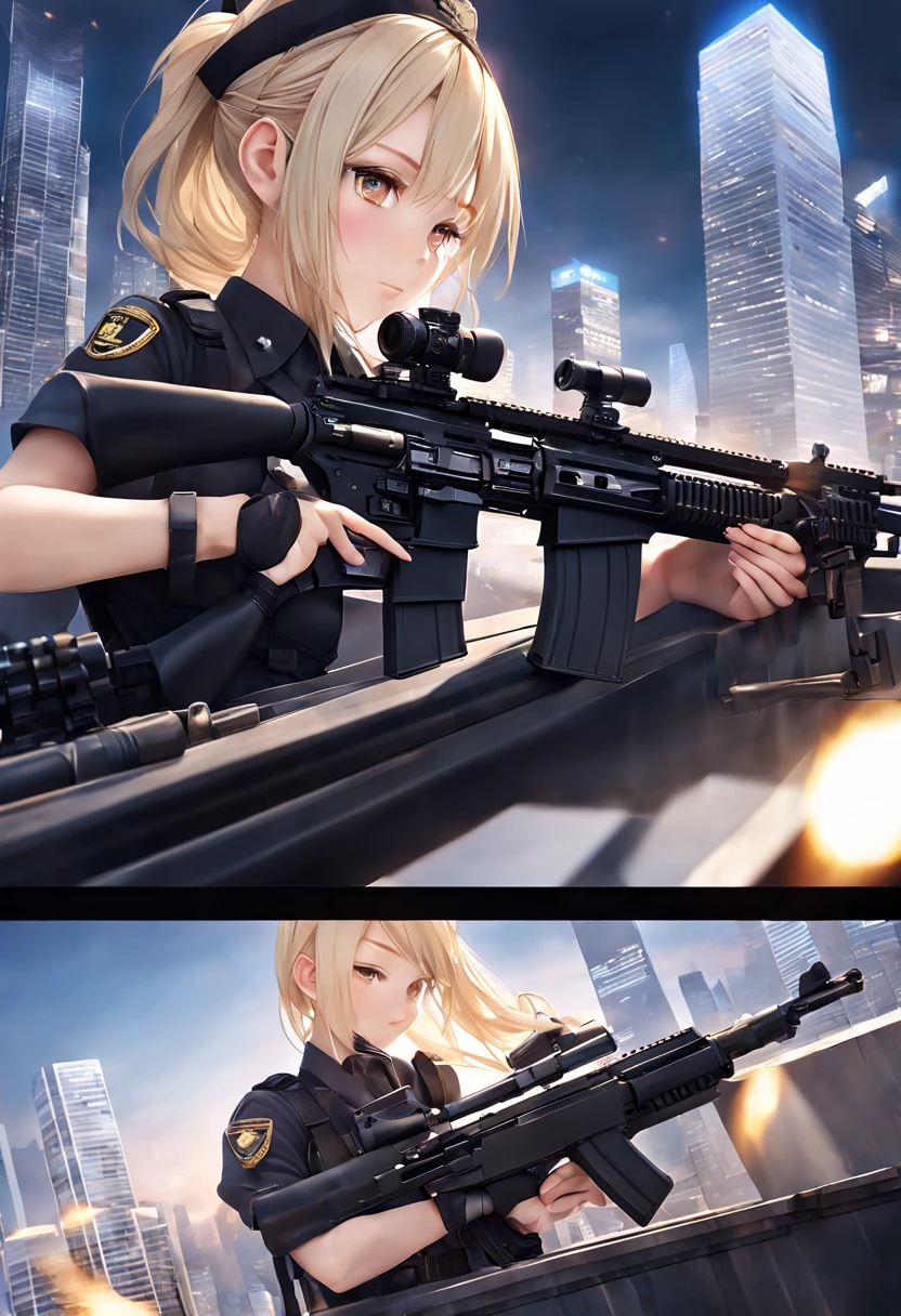 (Trained female soldiers)、((Aim and fire your rifle:1.4、Sniper stance:1.2、guns、h&K HK416))、1 Women、thick body、(Black combat uniform)、(platinum-blonde-hair:1.2)、((超A high resolution))、Detail Write、​masterpiece、top-quality、extremely details CG、8K picture quality、Cinematographic lighting、lensflare、((Skyscraper rooftop at night:1.4))、Hyper-detailing、(((Dynamic Angle Bust Shots:1.4)))、Detailed firearm depiction、Rifle with perfect detail、Perfect barrel that does not distort、Fighter in the sky、Military drones