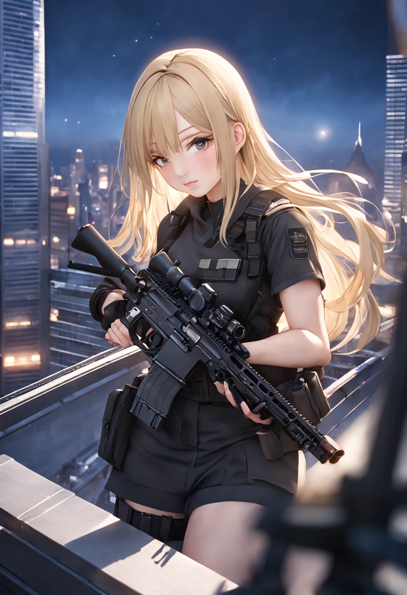 (Trained female soldiers)、((Aim and fire your rifle:1.4、Sniper stance:1.2、guns、h&K HK416))、1 Women、thick body、(Black combat uniform)、(platinum-blonde-hair:1.2)、((超A high resolution))、Detail Write、​masterpiece、top-quality、extremely details CG、8K picture quality、Cinematographic lighting、lensflare、((Skyscraper rooftop at night:1.4))、Hyper-detailing、(((Dynamic Angle Bust Shots:1.4)))、Detailed firearm depiction、Rifle with perfect detail、Perfect barrel that does not distort、Fighter in the sky、Military drones