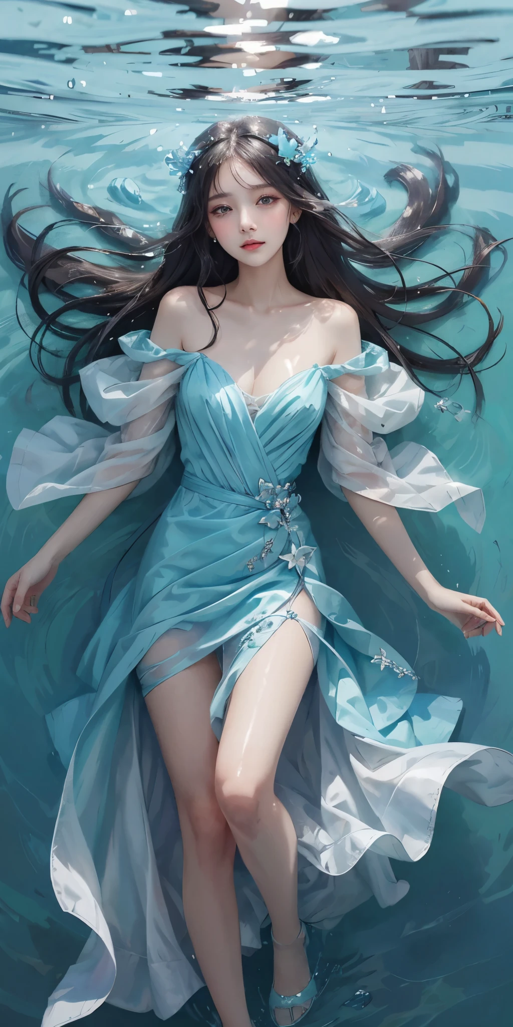 best qualtiy，tmasterpiece，Ultra-high resolution，（Reality：1.4），RAW photogr，cold light，A woman in a transparent dress under the water，Full body photo，wallpaper anime blue water，Guviz-style artwork，closeup fantasy with water magic，by Yang J，Guviz，a beautiful artwork illustration，Water Nymphs，beautiful digital artworks，beautiful digital illustration，Li Song，a beautiful anime portrait，Art style in Beauvot