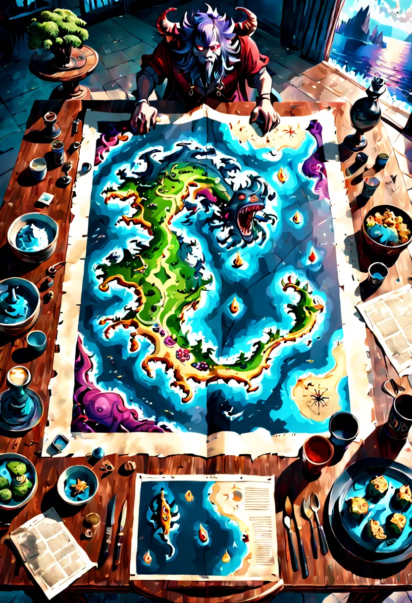 map on table with sea and oceans one part is missing in the map are draped monsters and one treasure. epic cinematic brilliant s...