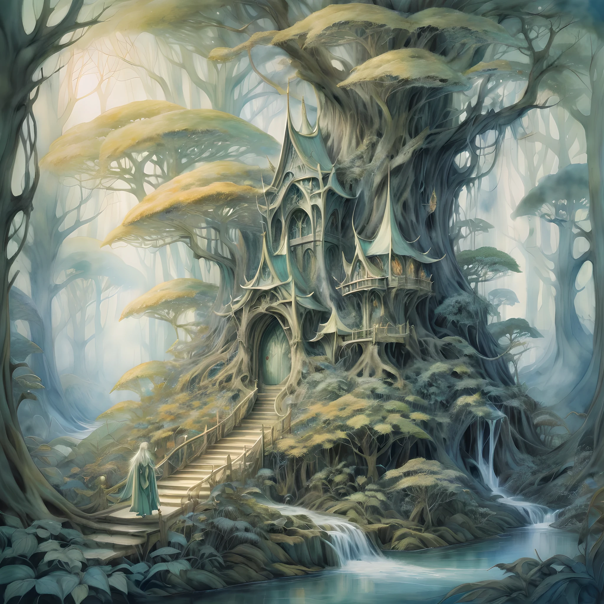 Elven Forest Haven, where slender, silver-haired elves engage in enchanting activities among towering, luminescent trees. Painted in a Watercolor style inspired by the dreamlike works of Brian Froud and Alan Lee, featuring soft color transitions and intricate detailing reminiscent of classic fantasy art.