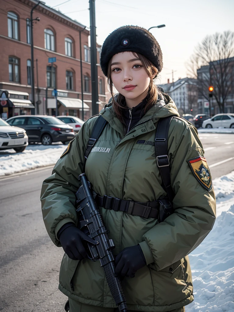 há duas mulheres uniformizadas sorrindo e segurando um rifle, uma imagem de Béla Kondor, tumblr, realismo socialista, garota de infantarias, russian army infantry soldados, guarda nacional russa, Anna Nikonova, garota de infantaria, militar soviético, soldados, garota militar, garota soldado, Sergei Krasovskiy, linda mulher soldado, Russos empolgados, compostura militar perfeita