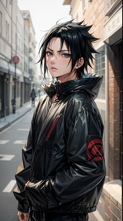 Masterpiece, 1boy, Superb Style, Urban Streetwear chothes, Outdoor, Upper Body, Uchiha Sasuke, bright eyes, black hair, cool boy