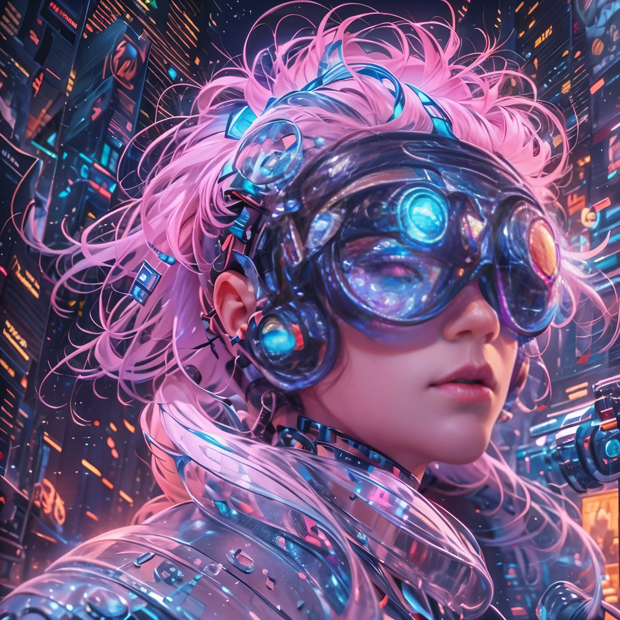 A portrait of a person with a futuristic and artistic theme. The individual has a vivid, colorful hairstyle. They wear oversized, elaborate goggles that look like they are made of colorful, translucent crystals, reflecting the nebulous scene of colors. The goggles have a detailed, ornately futuristic design, reminiscent of a cyberpunk aesthetic. The background is a nebulous scene with starry lights, suggesting a bustling city at night. The person's skin should have a gentle iridescent quality, reflecting the ambient colors.