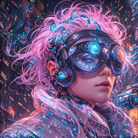 A portrait of a person with a futuristic and artistic theme. The individual has a vivid, colorful hairstyle. They wear oversized...