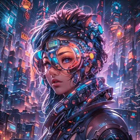 a portrait of a person with a futuristic and artistic theme. the individual has a vivid, colorful hairstyle. they wear oversized...