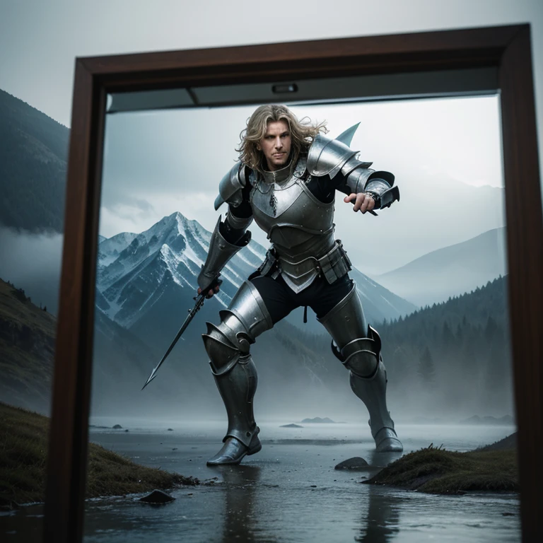 ((Best Quality, 8k, Sharp Focus, Masterpiece: 1.2, Cinematic Light, fantastic beauty a man handsome, Detailed face Textures, realistic skin, detailed bangs)), mountain background at dawn, ((detailed Full body Metal Armor)), ((metal reflections:1.4)), detailed divine pale blonde hair, long wavy messy hair, wind, light fog, devil's castle, detailed Green eyes with blue light radiation , sense of determination Courageous face, final battle, absurdity, fullbody image