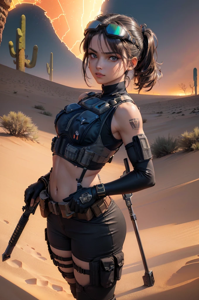 (1girl), ((desert combat outfit, holding weapon, tactical goggles, bullet vest, Fully clothed:1.4)), ((small Breasts, rounded breasts:1.3)), ((accentuated breast, large pelvic, wide hip, midriff, narrow waist, curvy waist:1.2)), ((slim, skinny waist, slender, skinny stomach:1.2)), modern hairstyle, colour streaked hair, hair highlights, ((smug face)), ((tattoo:1.1)),
masterpiece, best quality, realistic, ultra highres, depth of field, (full dual colour neon lighting:1.2), (detailed face:1.2), (detailed eyes:1.2), (detailed background:1.2), (desert, action sequences, cinematic lighting, desert storm:1.2) (masterpiece:1.2), (ultra detailed), (best quality), intricate, comprehensive cinematic, magical photography, (gradients), colorful, detailed landscape, visual key, shiny skin,