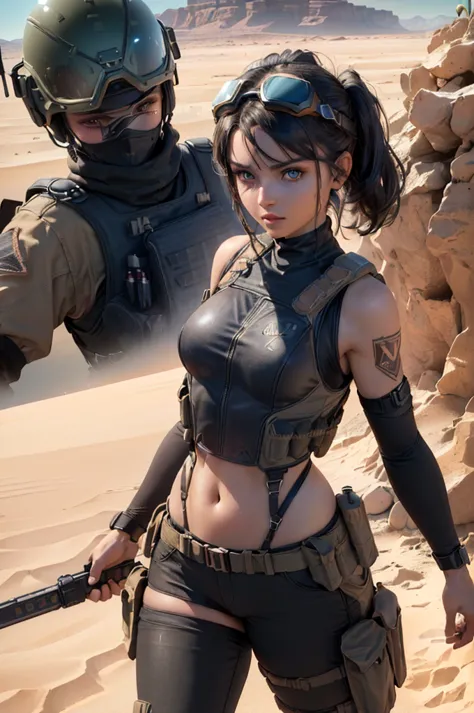 (1girl), ((desert combat outfit, holding weapon, tactical goggles, bullet vest, Fully clothed:1.4)), ((small Breasts, rounded br...