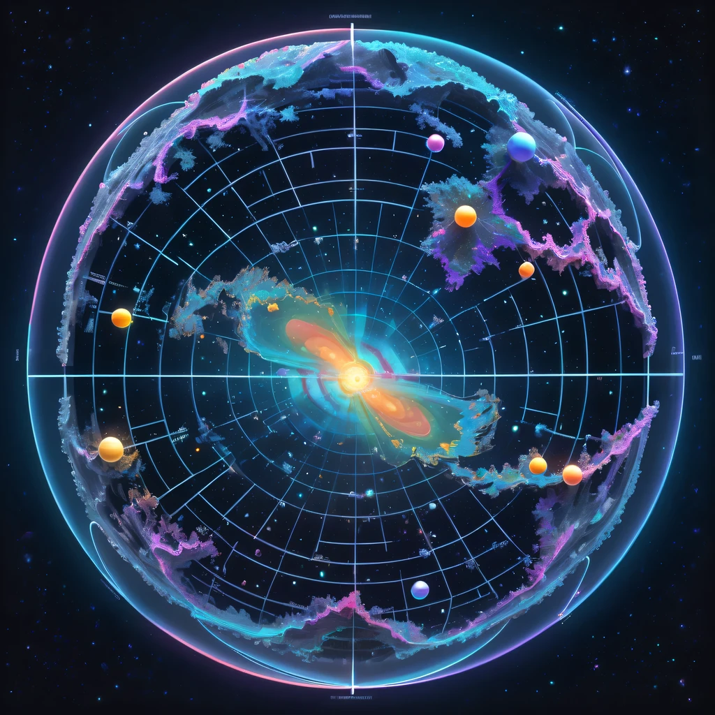 未来派transparent空灵天文图，3D astronomical map，Holographic projection astronomical map，Milky Way，Map of cosmic galaxies，spherical，neural network chain，transparent，cyberpunk，X-ray，fluorescence，neon lights，high tech