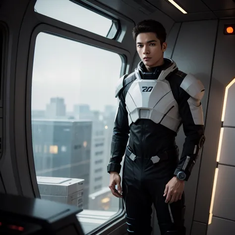 fking_scifi Black pilot suit with yellow accents, brown hair (gray eyes: 1.35), Man Thai, young, handsome, standing in front of ...