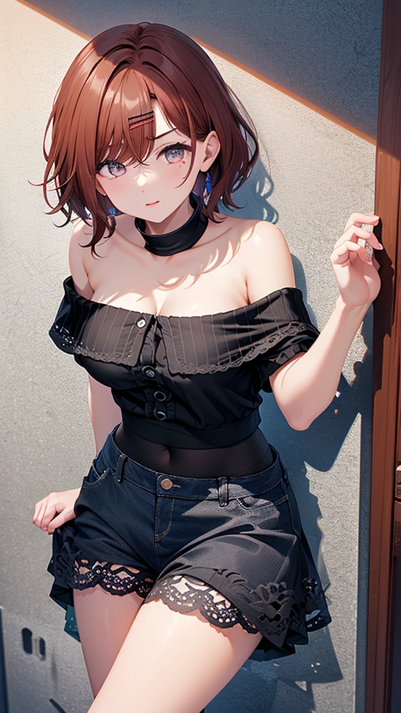 highest quality、4K quality、leaning against the wall、beautiful cleavage、Nobra Knit、off shoulder、Black lace shorts、Grab your skirt、Beautiful style、lure