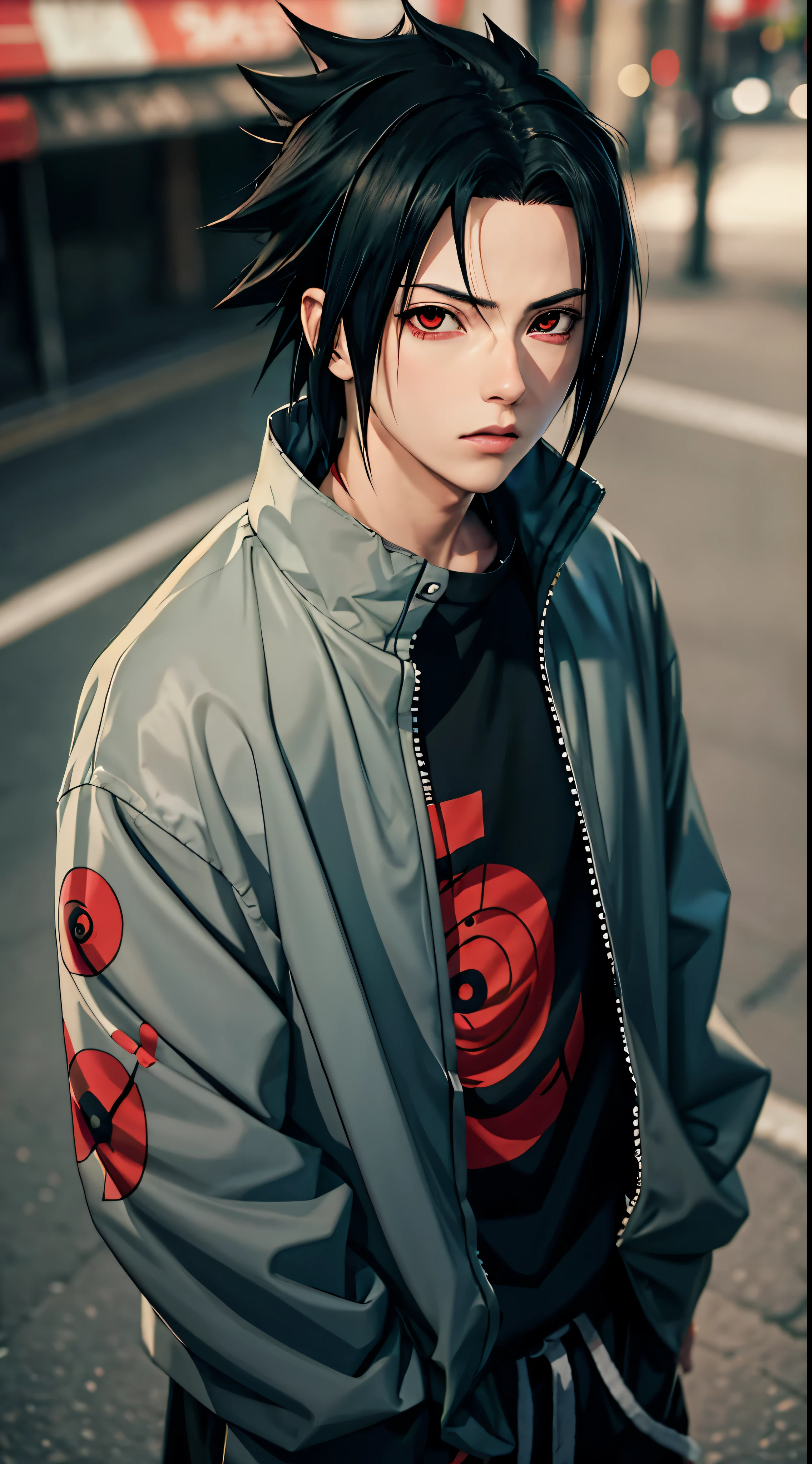 Obra maestra, 1 chico, Excelente estilo, uchiha Sasuke, ojos rojos, Zapatillas de streetwear urbano, exterior, parte superior del cuerpo, Uchiha Sasuke, ojos brillantes, pelo negro, chico genial