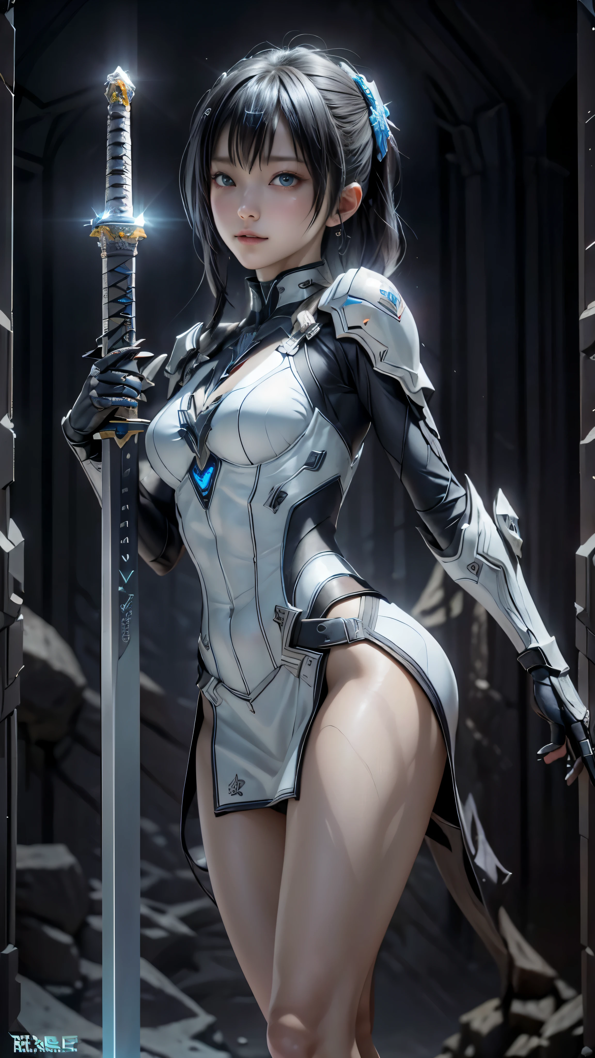 ((highest quality)), ((masterpiece)), (be familiar with:1.4), 。.。.。.3D, beautiful cyberpunk woman image,nffsw(high dynamic range),ray tracing,NVIDIA RTX,super resolution,unreal 5,scattered below the surface,PBR texturing,Post-processing,anisotropic filtering,written boundary depth,maximum clarity and sharpness,multilayer texture,Albedo and specular maps,surface shading,Accurate simulation of light-matter interactions,perfect proportions,octane rendering,two-tone lighting,wide aperture,Low ISO、White balance、Rule of thirds、8,000 students、((Holding a sword in your hand))(((white and blue clothes)))