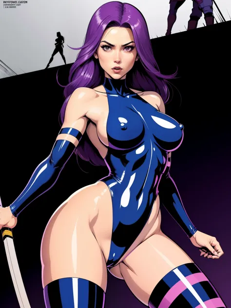 (((COMIC STYLE, CARTOON ART))). A comic-style image of Psylocke, with her as the central figure. She is standing, with her hands holding two katanas. She wears a purple and pink costume, with a purple and pink mask. She has long, straight purple hair, purp...