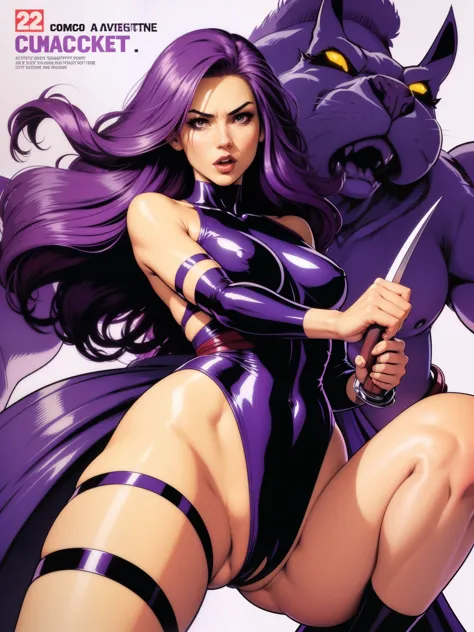 (((COMIC STYLE, CARTOON ART))). A comic-style image of Psylocke, with her as the central figure. She is standing, with her hands holding two katanas. She wears a purple and pink costume, with a purple and pink mask. She has long, straight purple hair, purp...