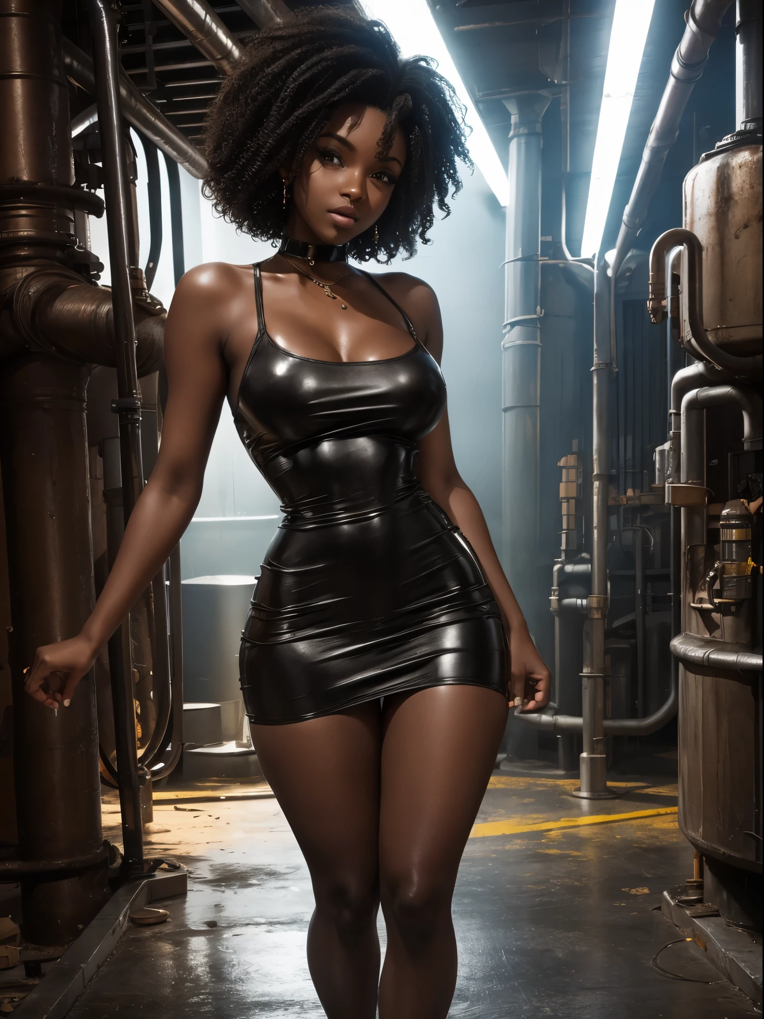 19-year-old woman, dark skin, short curly hair down to her shoulders, dressed in a minidress, clubbing outfit, industrial background, rusty pipes, retrofuturism