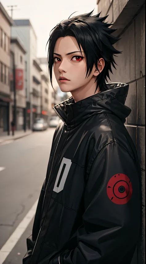 Masterpiece, 1boy, Superb Style, uchiha Sasuke, red eyes, Urban Streetwear chothes, Outdoor, Upper Body, Uchiha Sasuke, bright e...