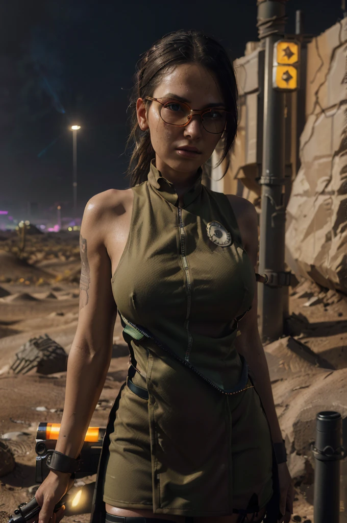 (1girl), ((city combat outfit, holding gun, tactical glasses, bullet vest, half dress: 1.4)), ((large breasts, round breasts: 1.3)), ((accentuated chest, wide hips, belly, narrow waist, curved waist: 1,2)), ((thin and thin waist, slender and thin belly: 1,2)), modern hairstyle, hair with colored highlights, highlights in the hair, ((face smug)), ((tattoo: 1.1)), masterpiece, best quality, realistic, ultra high resolution, depth of field, (two-color neon lighting: 1.2), (detailed face: 1.2 ), (detailed eyes: 1.2), (detailed background: 1.2), (desert, action sequences, cinematic lighting, desert storm: 1.2) (masterpiece: 1.2), (ultra detailed), ( best quality), complex and comprehensive cinematic, magical photography, (gradients), colorful and detailed landscape, visual key, glowing skin,