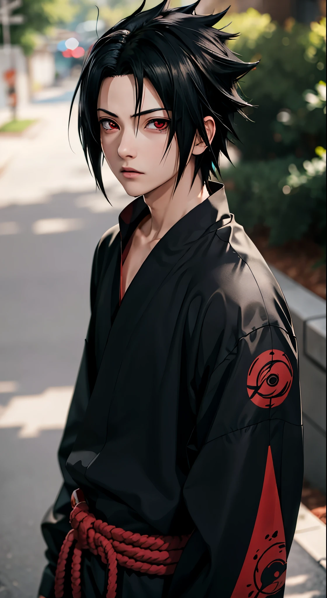 傑作, 1人の男の子, 素晴らしいスタイル, uchiha sasuke, 赤い目, アーバンストリートウェアの衣装, 屋外, 上半身, uchiha sasuke, 明るい目, 黒髪, かっこいい男の子