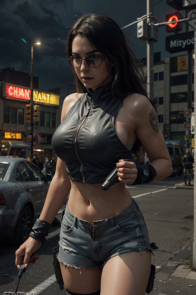 (1girl), ((torn combat clothing, bullet vest with open zipper, holding gun, tactical glasses, short shorts: 1.4)), ((large breasts, round breasts: 1.2)), ((chest accentuated, wide hips, belly, narrow waist, curved waist: 1.2)), ((thin and thin waist, slender and thin belly: 1.2)), modern hairstyle, hair with colored highlights, purple highlights in the hair, ((smug face)), ((tattoo: 1,1)), masterpiece, best quality, realistic, ultra high resolution, depth of field, (two-color neon lighting: 1,2), (detailed face: 1.2), (detailed eyes: 1.2), (detailed background: 1.2), (city, action sequences, cinematic lighting, city storm: 1.2) (masterpiece: 1.2), (ultra detailed ), (best quality), complex and comprehensive cinematic, magical photography, (gradients), colorful and detailed landscape, visual key, glowing skin,