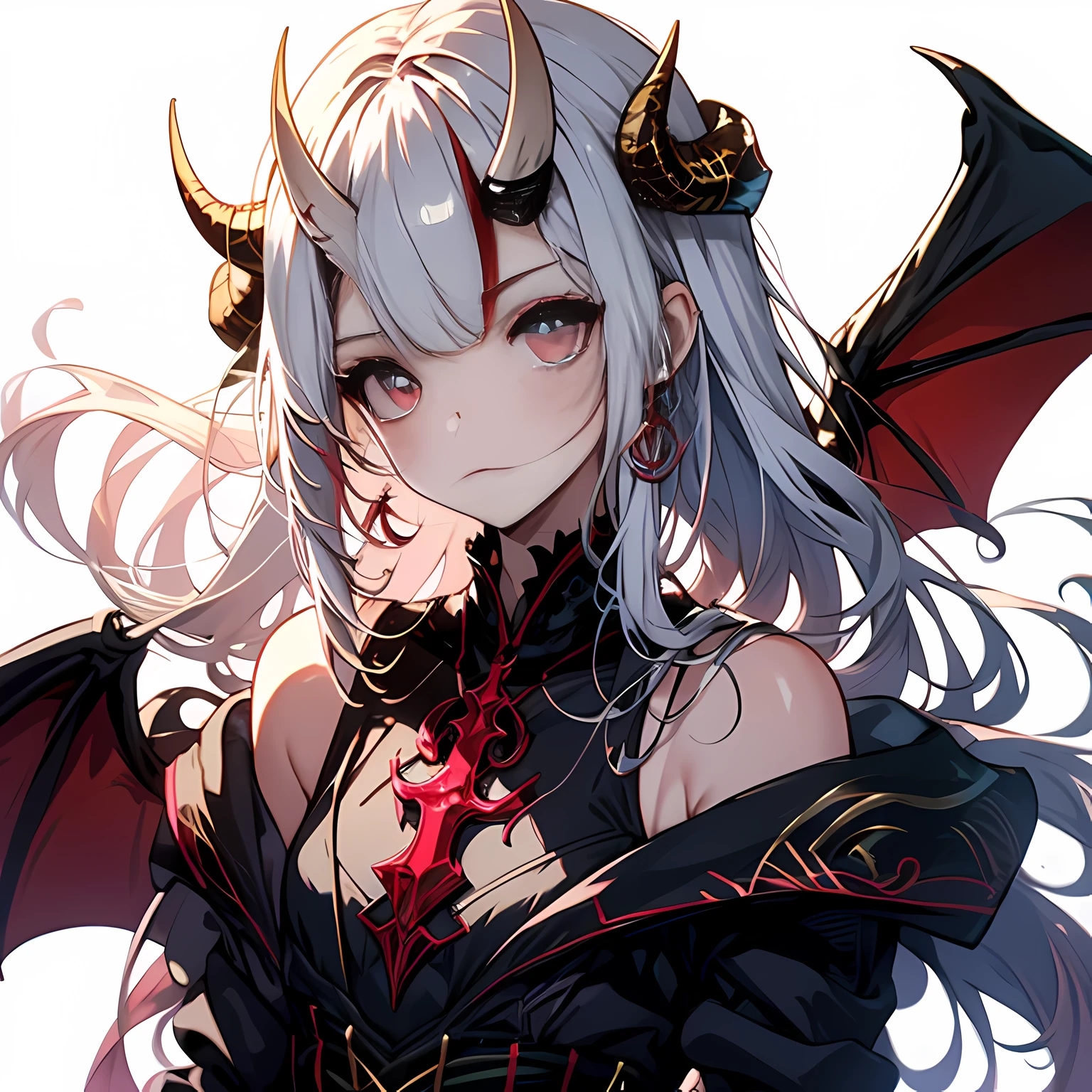 1 boy, alone, Super exquisite illustrations, extremely delicate and beautiful, best quality, devil horns, Demon Wings, young, dark and sinister, Noble costumes, White background, intense gaze, intricate details, otherworldly, fantasy.