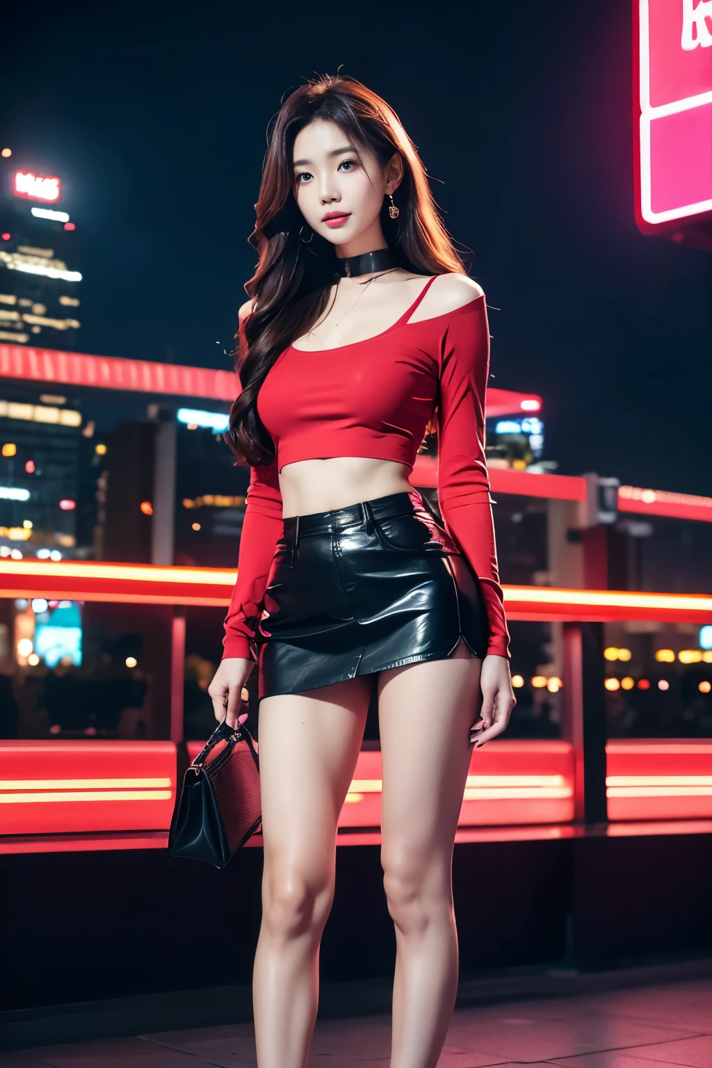 Thai girl,25 years old,long straight red hair,cute face,far shot,choker,full body,medium wavy pink hair,large earring,small bag,red shirt,miniskirt,night light,city,Photography,Surrounded by neon-lit reflections of the cityscape, depth of fields,Night, cyberpunk aesthetic, Highly detailed lighting, Dramatic, in 8K, high-detail, Skin Texture, Realistic skin texture, armor, Best Quality, hight resolution, Photorealsitic