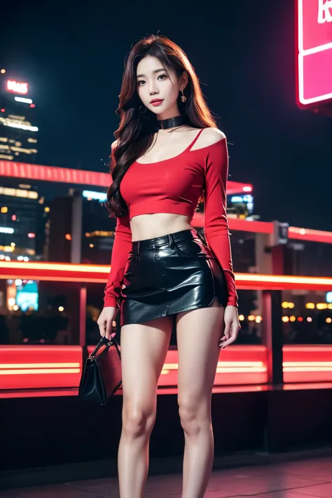 Thai girl,25 years old,long straight red hair,cute face,far shot,choker,full body,medium wavy pink hair,large earring,small bag,...