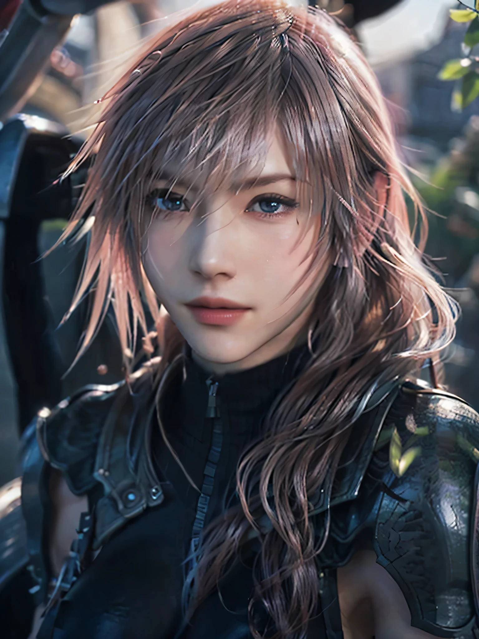 Trending on ArtStation, Trending on CGSociety, Intricate, High Detail, Sharp Focus, f 1.8, Dramatic, starry night sky, Lightning of Final Fantasy XIII, Lightning's original Final fantasy XII costume, red and black themed costume, looking at the camera, closed-mouth smile,20 years old, mature looking, Realistic Art of Drawing by Midjourney and Greg Rutkowski, Sketch, Masterpiece, Best Quality, short black hair, Very Detailed, 1female, Half-body, head to bust image scope, standing position, Beautiful Meticulous Eyes, Cute Face, Bust, big bossoms, Beautiful Meticulous Face, (Botanical Illustration: 1.5), no pornographical exposure, bigger breasts