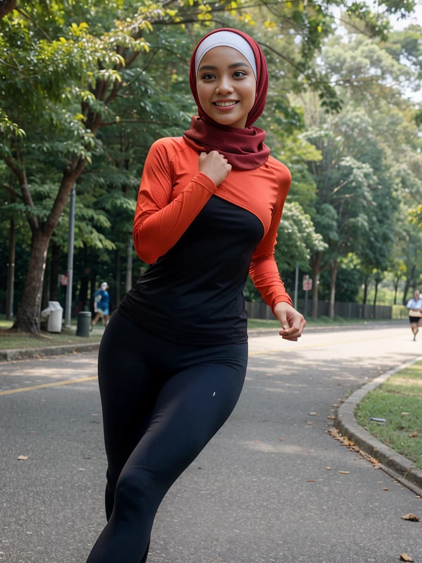 one girl, Malay, stunningly beautiful Malay actress, average Malaysian body, wearing running tee, hijab, running tights, sweating, at a park, running, looking at viewer, smiling