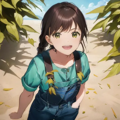 anime girl with ponytail hair and green shirt standing in the sand, anime visual of a cute girl, makoto shinkai ( apex legends )...