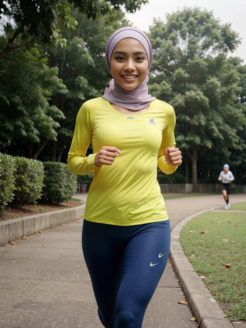 one girl, Malay, stunningly beautiful Malay actress, average Malaysian body, wearing running tee, hijab, running tights, sweating, at a park, running, looking at viewer, smiling