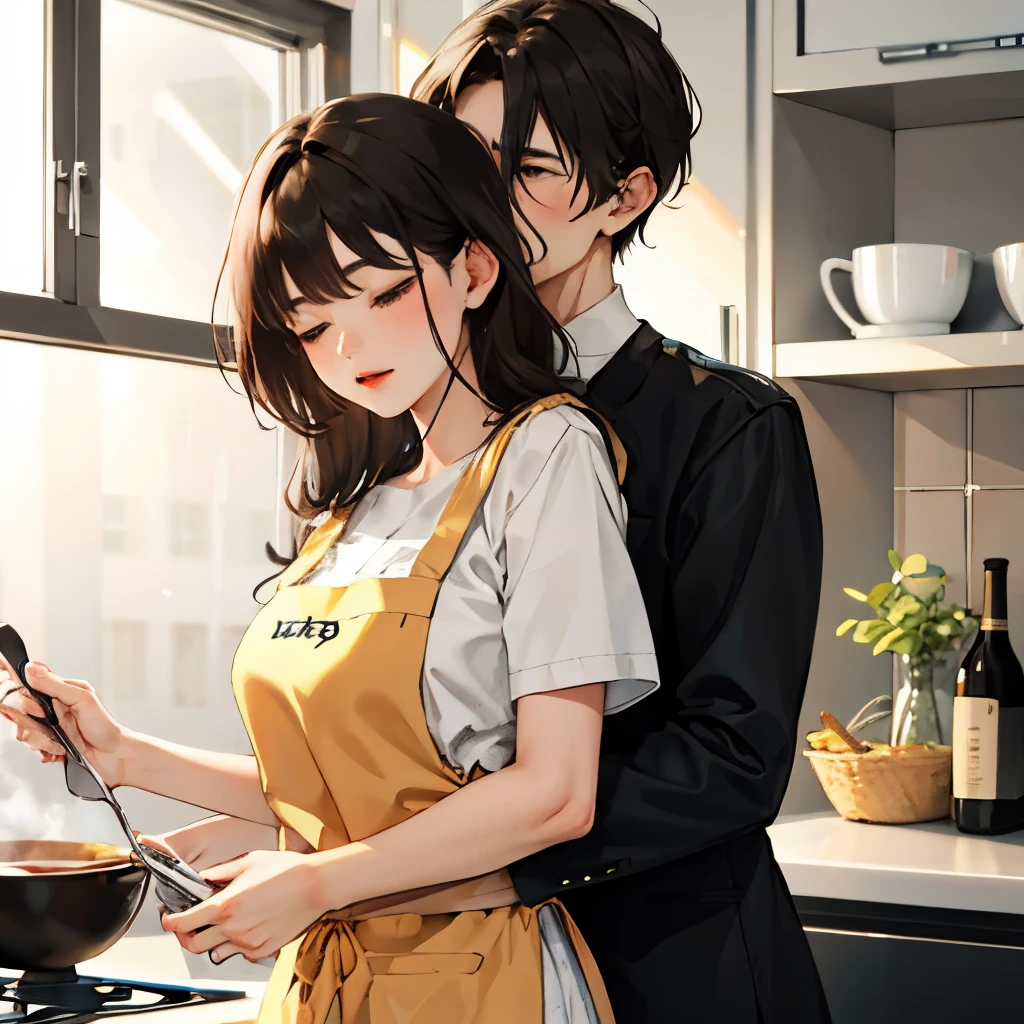 A wife who is cooking and behind her is her husband hugging her from the back.