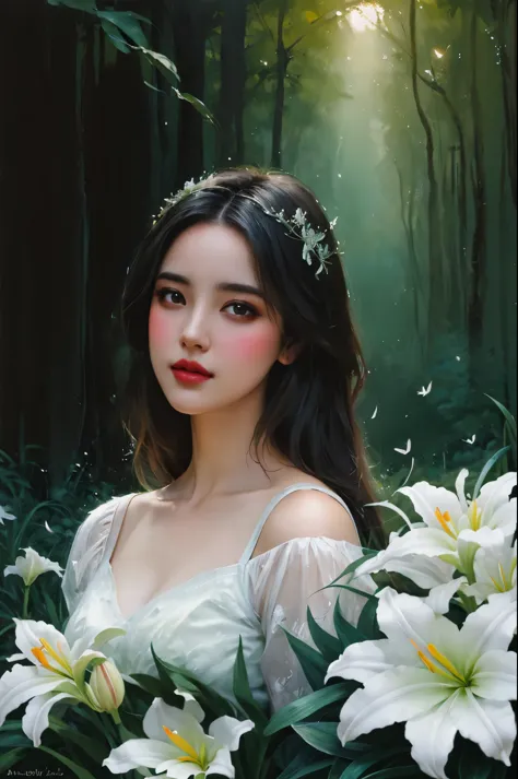 Still life digital painting of a model woman amidst beautiful white lilies, each petal detailed with filigree, surrounded by fireflies casting dynamic lighting upon the scene, invoking a green spirit with subtle glitter effects, inspired by the fantasy sty...