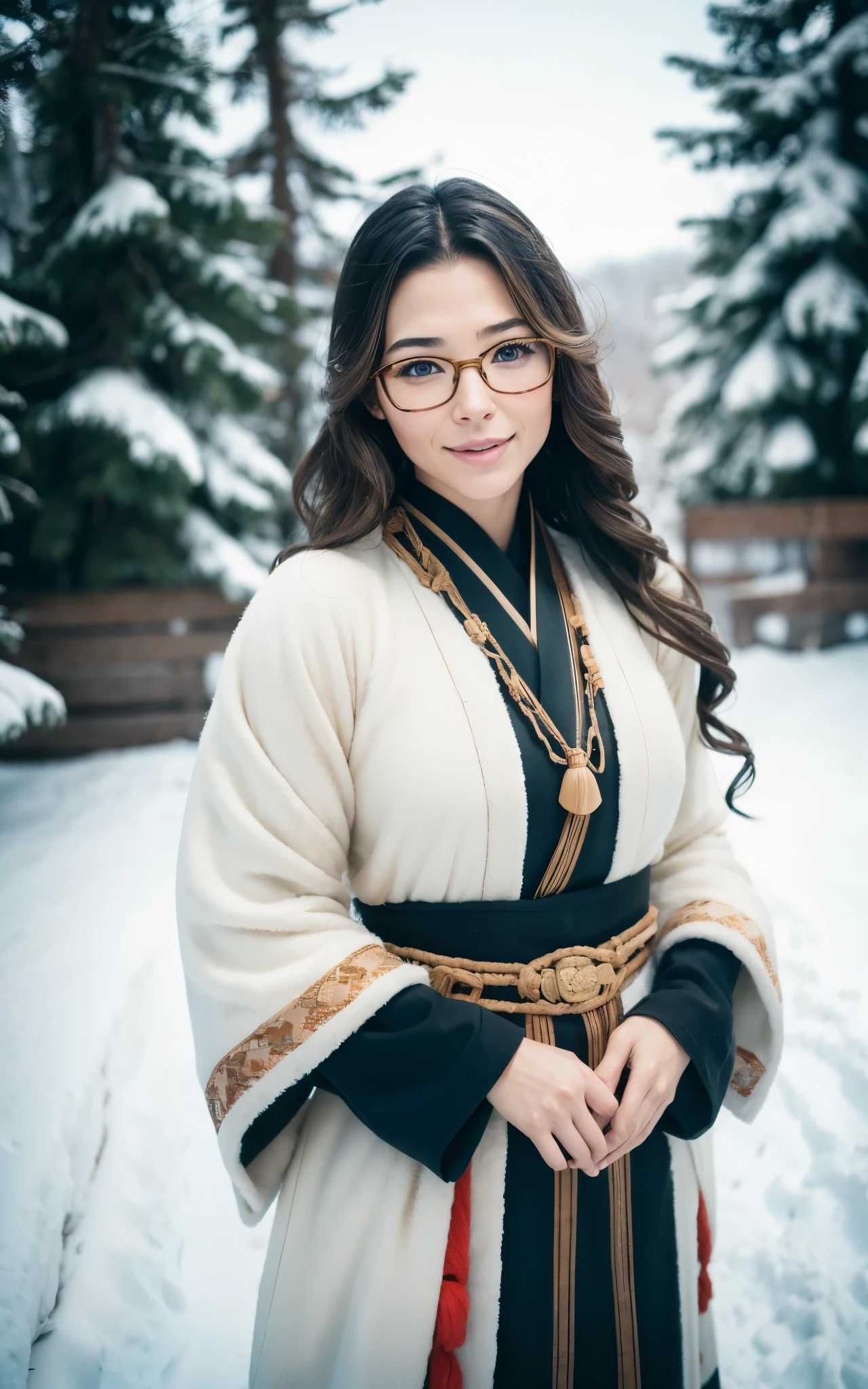 A woman in a white and black outfit standing in the snow - SeaArt AI