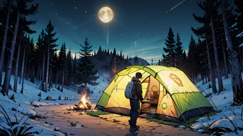 Um homem com roupas de acampamento chegando em uma tenda verde com uma fogueira na frente em uma floresta alta, dense trees with...