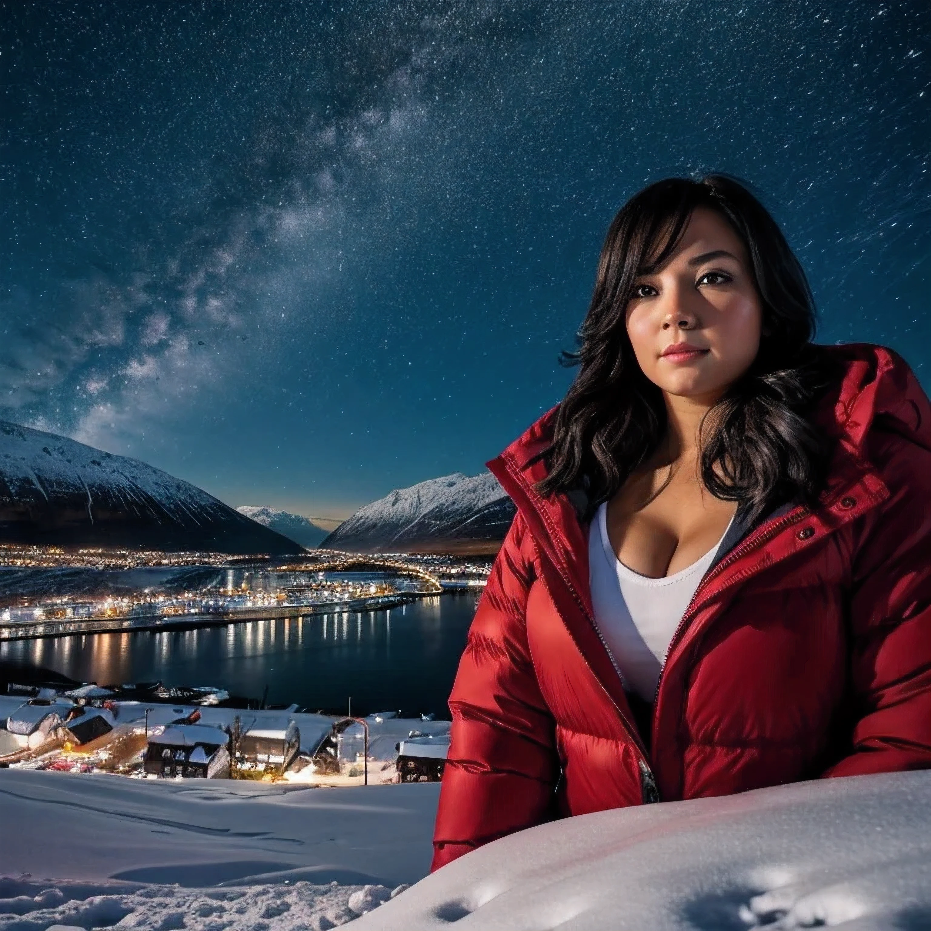 plus size woman,shoulder-length black hair, winter, snowy, nightly Tromso Norway in background, winter norway island full of night lights, masterpiece, hdr, ultra realistic, face focus, hyper detailed face