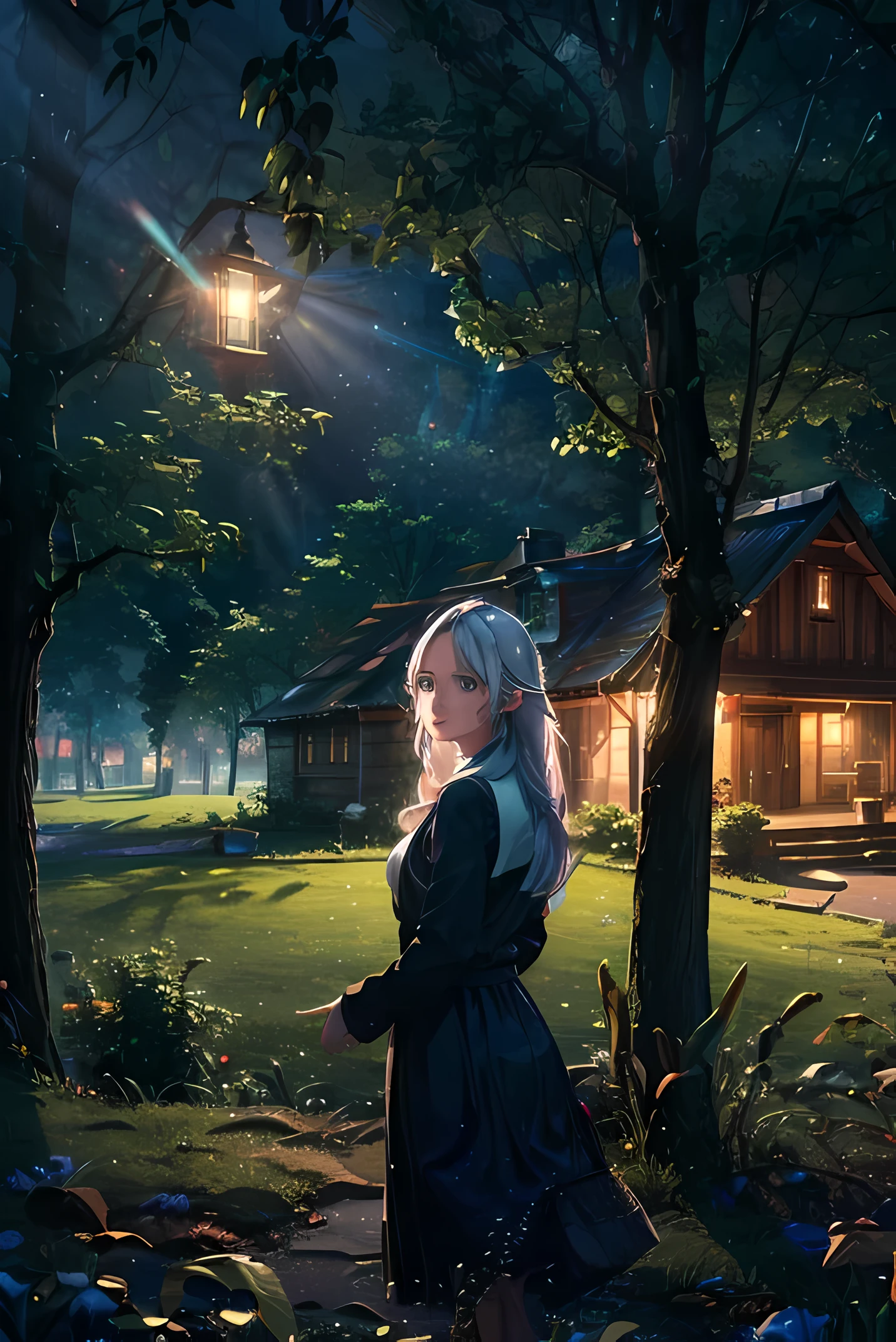 Cinema lighting, Ray tracing, ultra high definition, masterpiece, Super details, high detail, high quality, best quality, high resolution, 8k, A girl is walking on the way home，There is a double-story wooden house in the distance，There are trees around，There is grass on the ground，girl walking on dirt road，1 girl，blond，White skin，medium long hair，The girl's back，Girl looking at the house，Friedrich，night，the lights are bright，magic，creek，