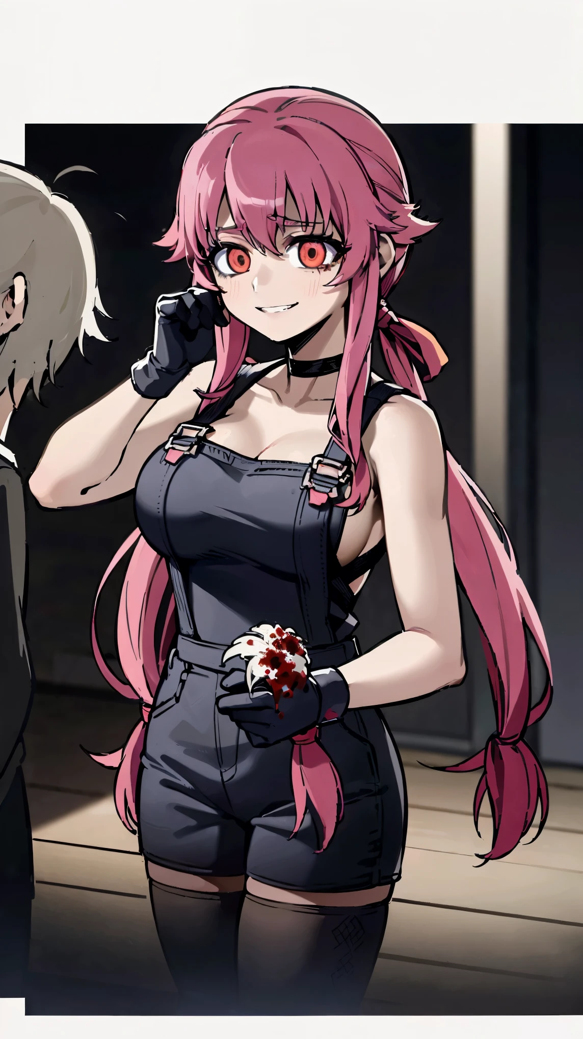 Anime girl with pink hair and black dress holding a knife - SeaArt AI